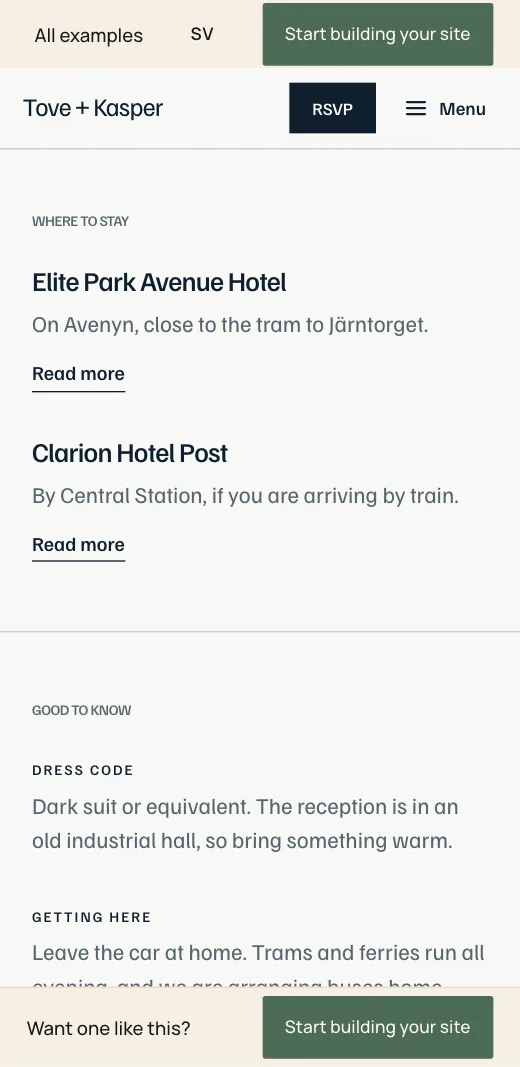 Accommodation on Tove + Kasper's wedding website: two hotels in Gothenburg, each with a line on where it is and a link.