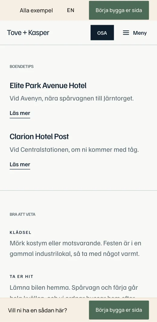 Boendetips på Tove + Kaspers bröllopssida: två hotell i Göteborg med en rad om var de ligger och en länk till varje.