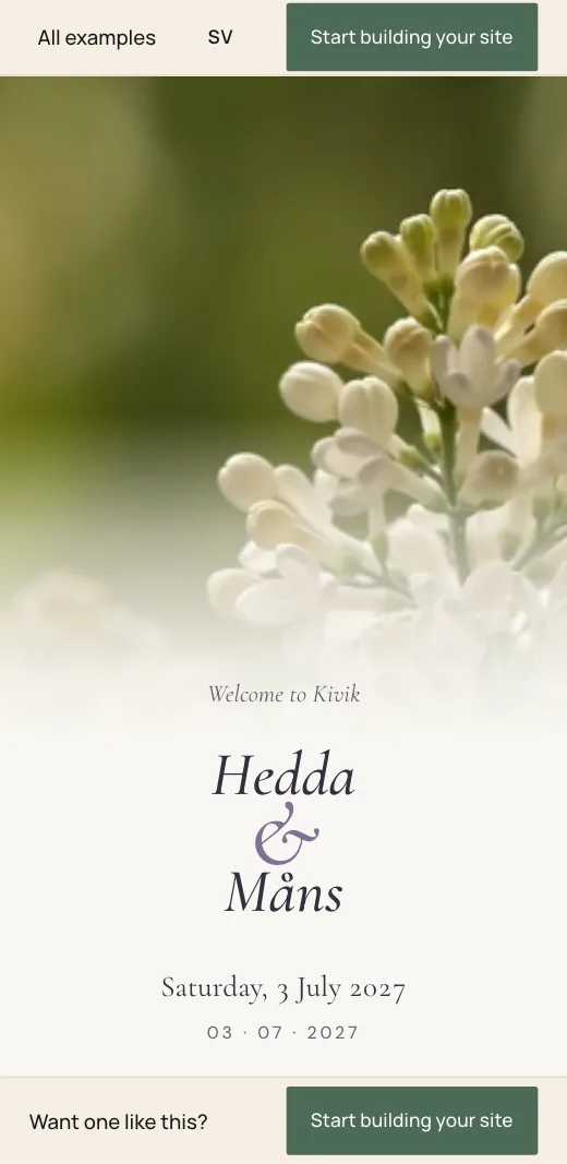 The top of Hedda and Måns's wedding website in the Garden Party style: lilac in the film and the names in script.
