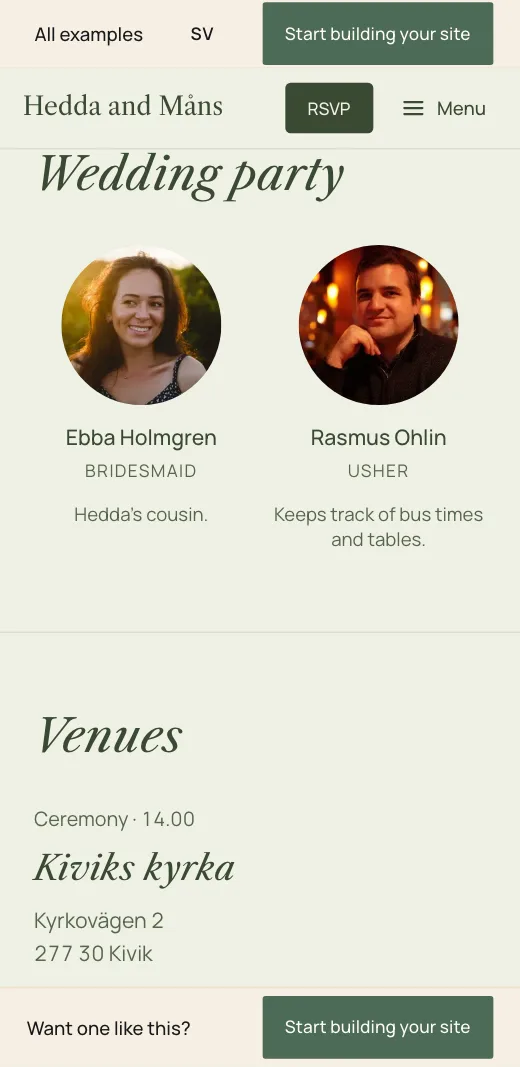 The bridal party on Hedda and Måns's wedding website: Ebba Holmgren and Rasmus Öhrn with photo, role and a line each.