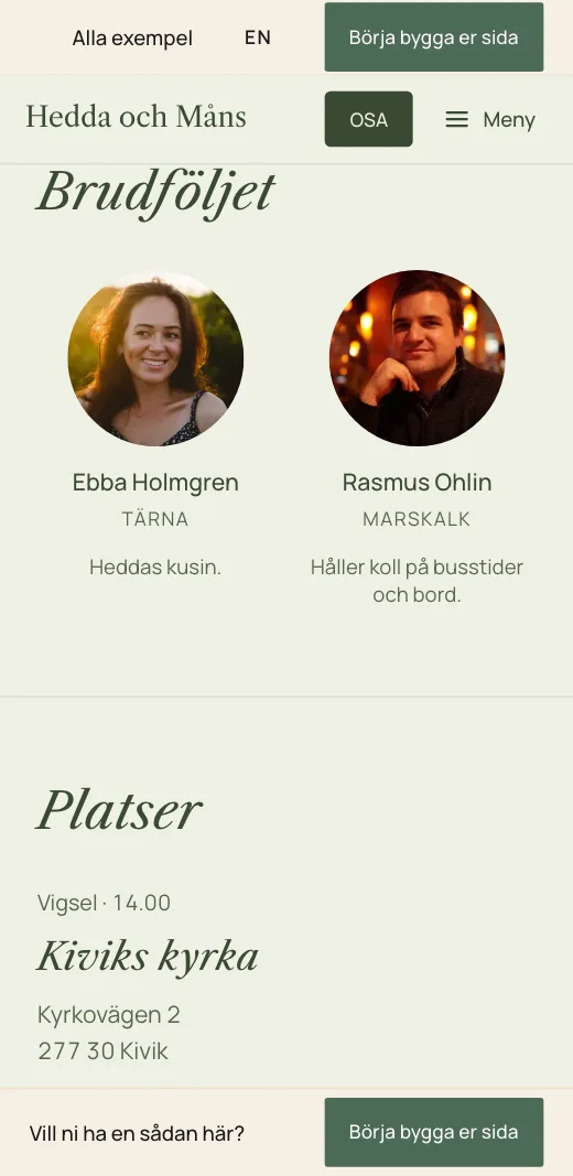 Brudföljet på Hedda och Måns bröllopssida: Ebba Holmgren och Rasmus Öhrn med foto, roll och en rad om var och en.
