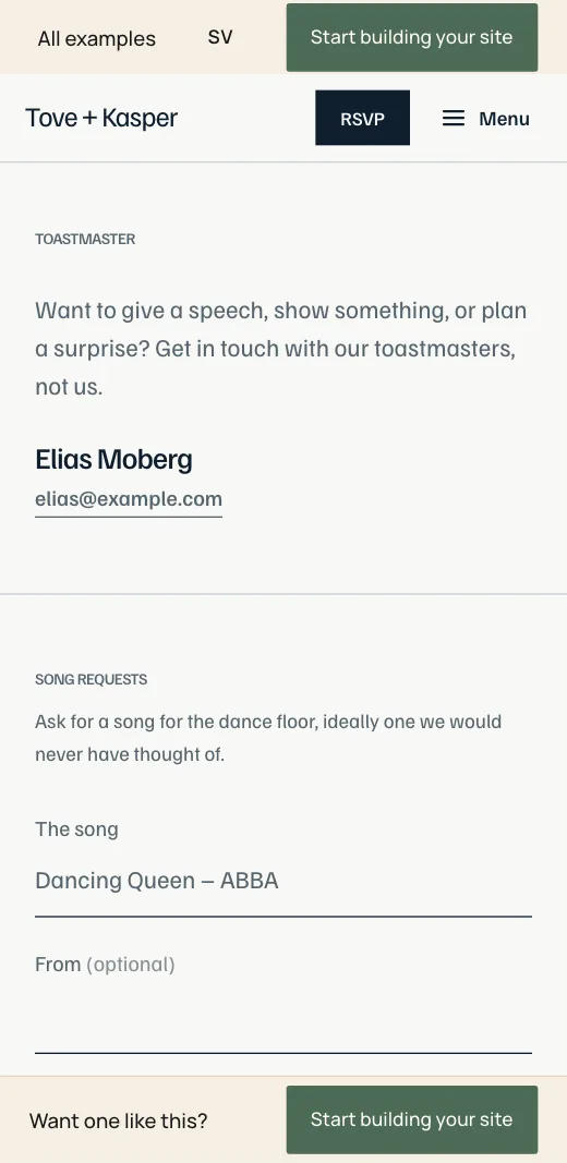 Toastmaster on Tove + Kasper's wedding website: Elias Moberg with email and the line about getting in touch about speeches.