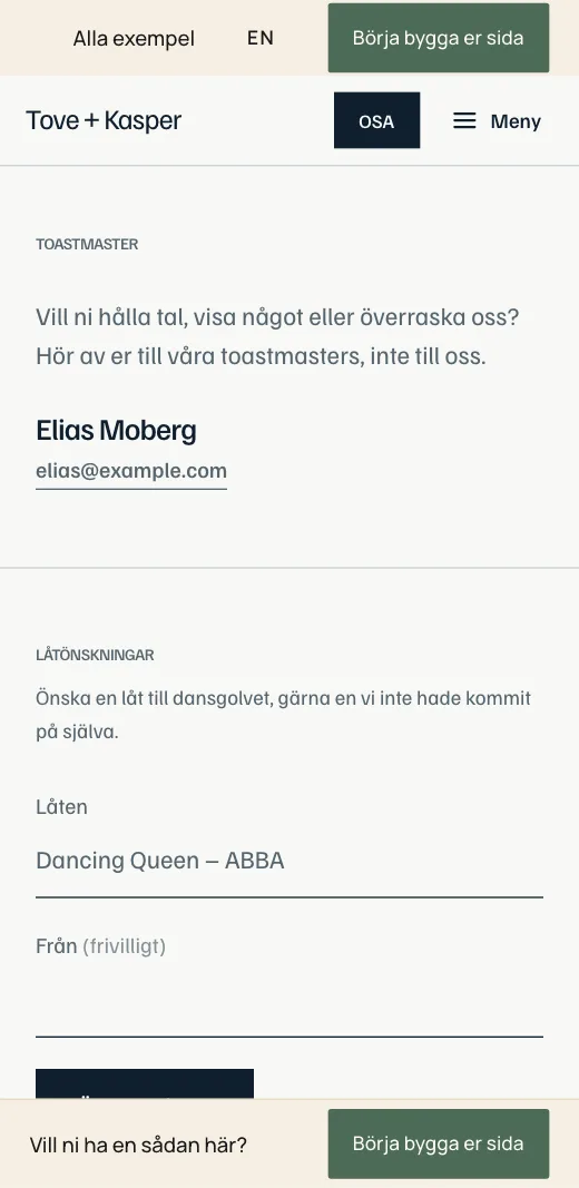 Toastmaster på Tove + Kaspers bröllopssida: Elias Moberg med e-post och raden om att höra av sig om tal.
