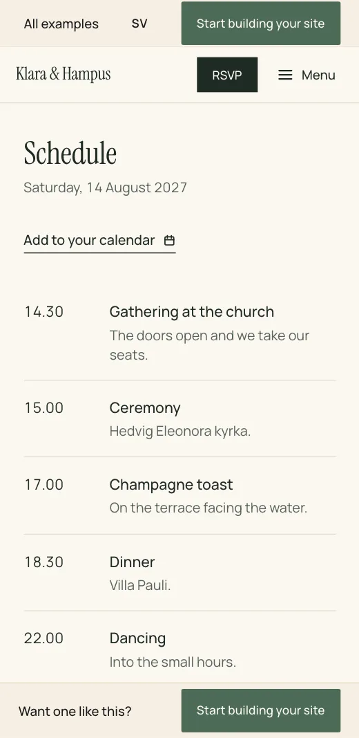 The programme on Klara & Hampus's wedding website with times for the ceremony, dinner, speeches and dancing, and a link that adds the day to the calendar.