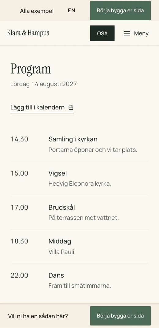 Programmet på Klara & Hampus bröllopssida med tider för vigsel, middag, tal och dans, och en länk som lägger in dagen i kalendern.