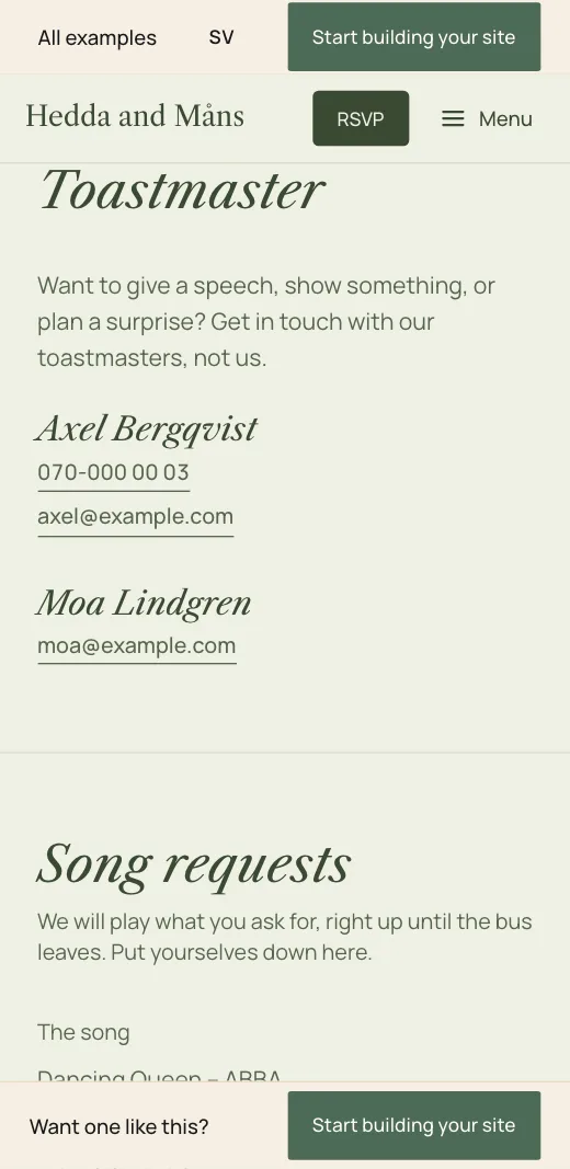 Toastmaster on Hedda and Måns's wedding website: Axel Bergqvist and Moa Lindgren with phone number and email, above the song requests.