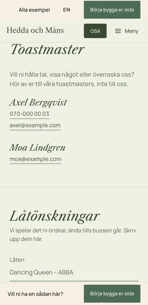 Toastmaster på Hedda och Måns bröllopssida: Axel Bergqvist och Moa Lindgren med telefonnummer och e-post, ovanför låtönskningarna.
