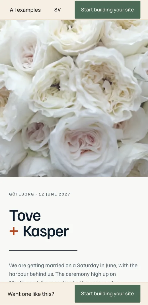 The top of Tove + Kasper's Lysela wedding website: white roses in the film, the names and the date in the style's colours and typefaces.
