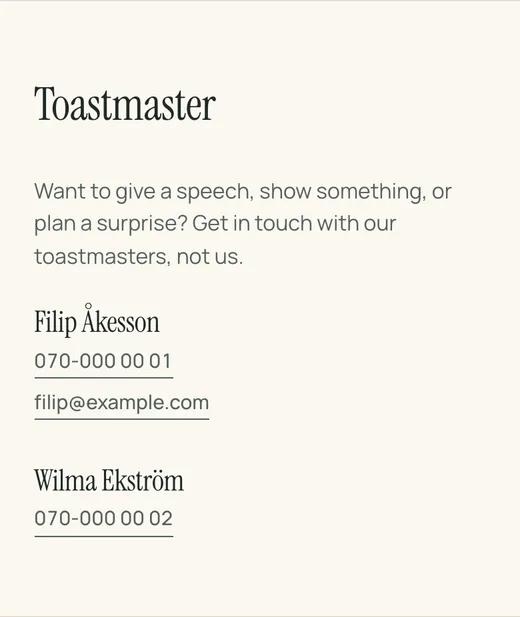 The toastmaster section on a Lysela wedding website: a line asking guests to get in touch about speeches, and two toastmasters with phone and email.