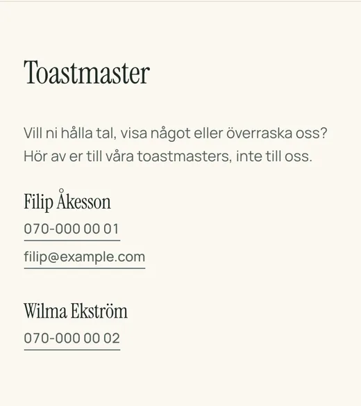 Toastmaster-delen på en bröllopssida från Lysela: en rad som ber gästerna höra av sig om tal, och två toastmasters med telefon och e-post.