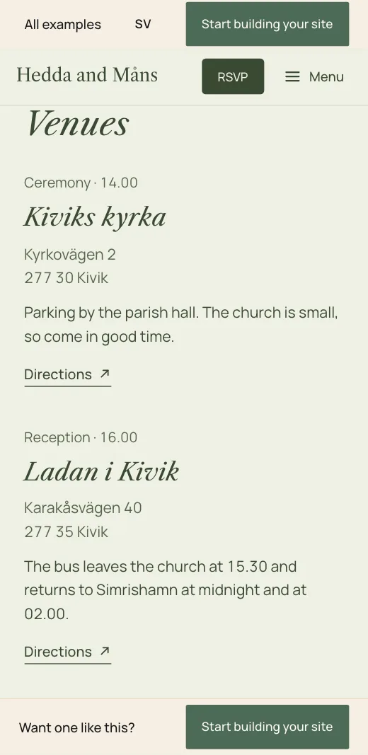 Places on Hedda and Måns's wedding website: Kivik church and the barn in Kivik with address, a line about parking and the bus, and directions.