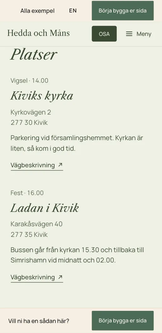 Platser på Hedda och Måns bröllopssida: Kiviks kyrka och Ladan i Kivik med adress, en rad om parkering och bussen, och vägbeskrivning.