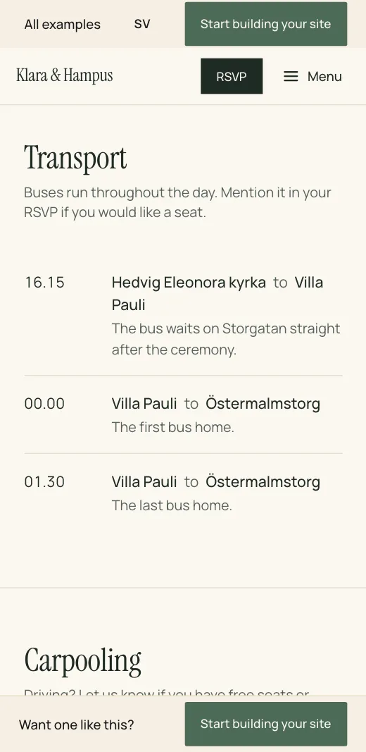 Transport on Klara & Hampus's wedding website: the bus from Hedvig Eleonora church to Villa Pauli at 16.15 and back to Östermalmstorg at 00.00 and 01.30.