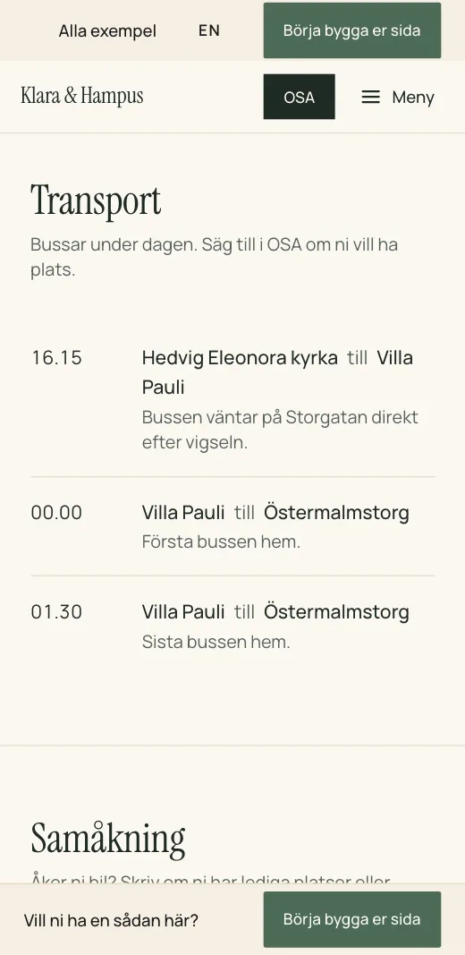 Transport på Klara & Hampus bröllopssida: bussen från Hedvig Eleonora kyrka till Villa Pauli 16.15 och hem till Östermalmstorg 00.00 och 01.30.
