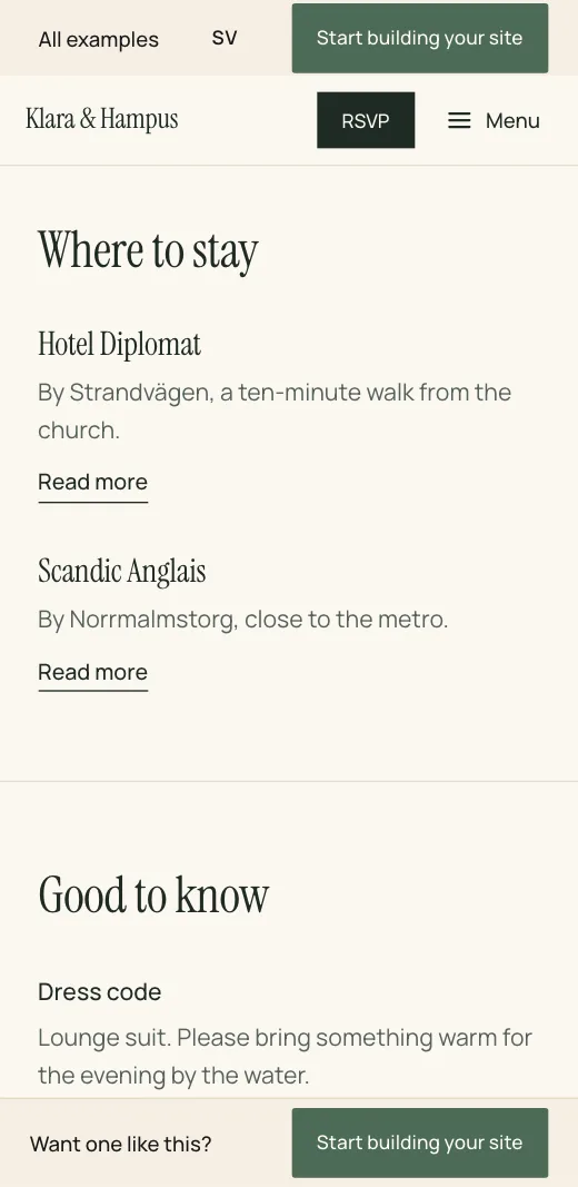 Accommodation on Klara & Hampus's wedding website: Hotel Diplomat and Scandic Anglais, each with a line on where it is and a link.
