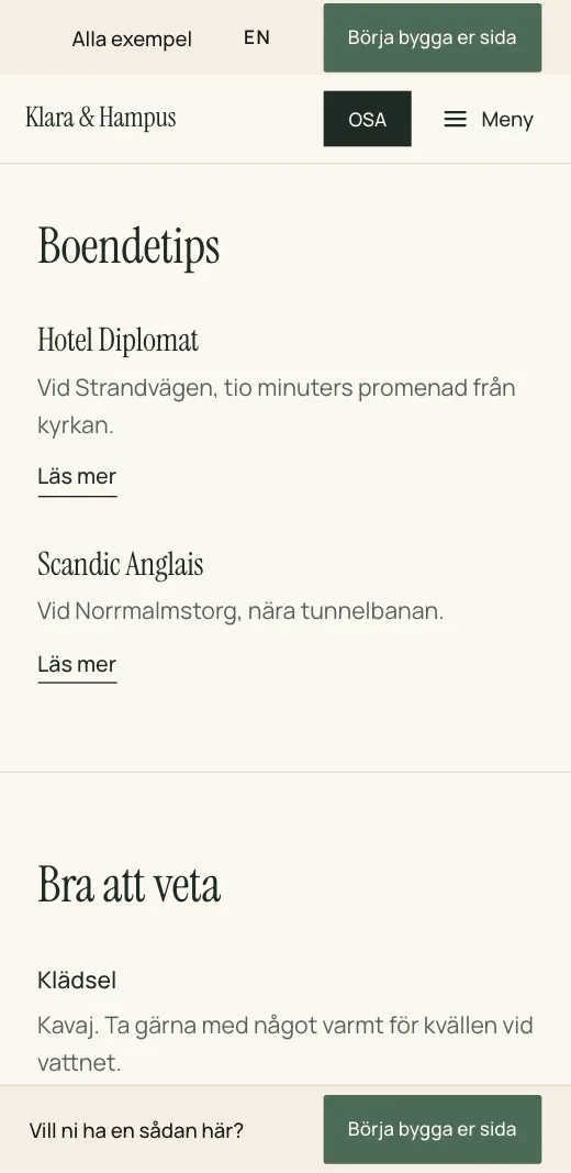 Boendetips på Klara & Hampus bröllopssida: Hotel Diplomat och Scandic Anglais, med en rad om var de ligger och en länk till varje.