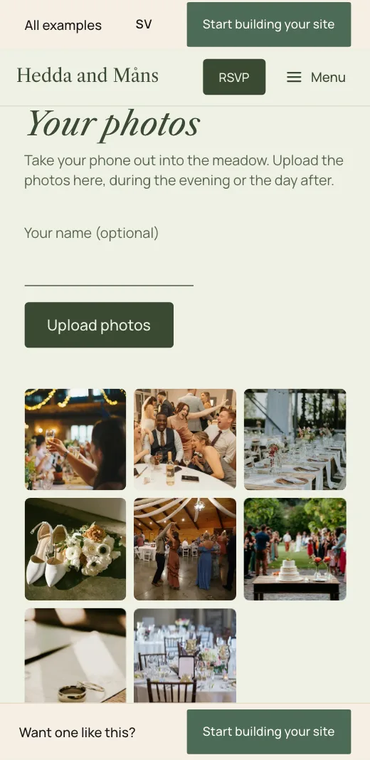Your photos on Hedda and Måns's wedding website: the Upload photos button and guests' pictures below.