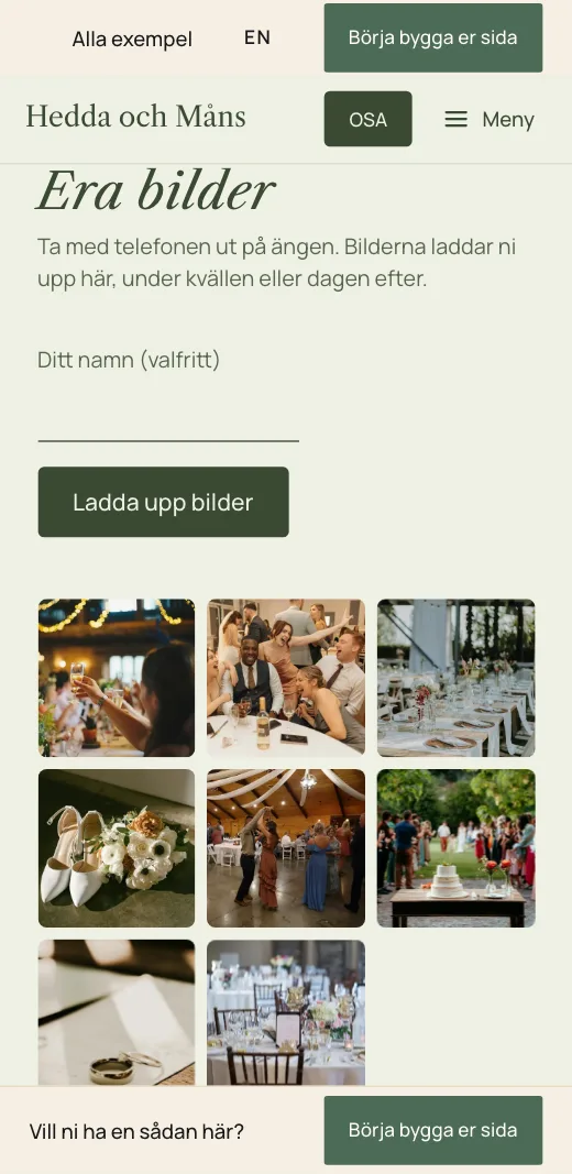 Era bilder på Hedda och Måns bröllopssida: knappen Ladda upp bilder och gästernas foton under.
