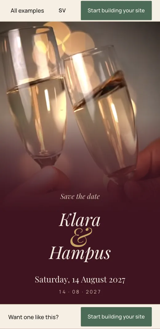 Klara & Hampus's save the date in the Velvet style: claret, champagne glasses in the film and Saturday 14 August 2027.