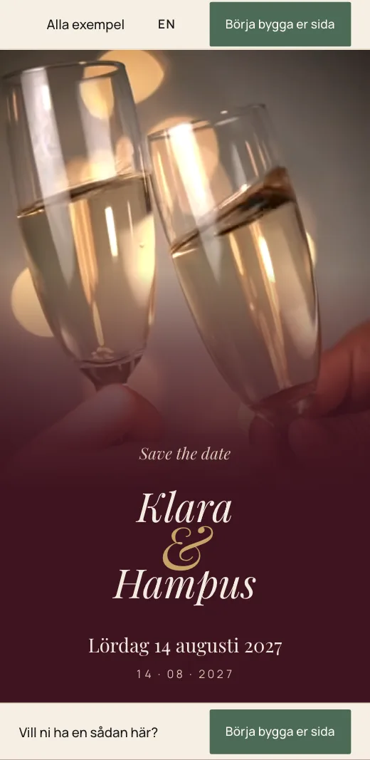 Klara & Hampus save the date i stilen Sammet: vinrött, champagneglas i filmen och lördag 14 augusti 2027.