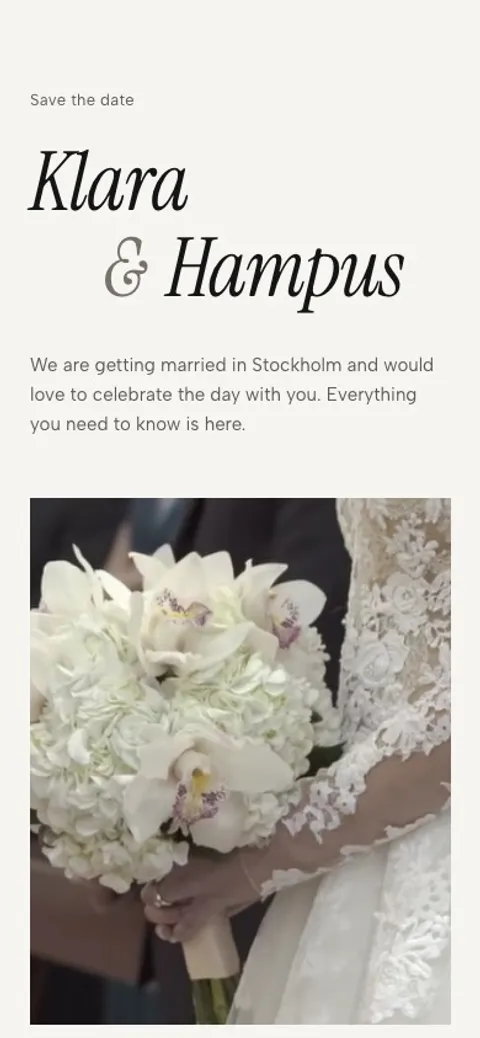 The example site for Klara and Hampus in the Galleri style, on a phone: save the date, the names in large script, a greeting to the guests and a bridal bouquet of white orchids.